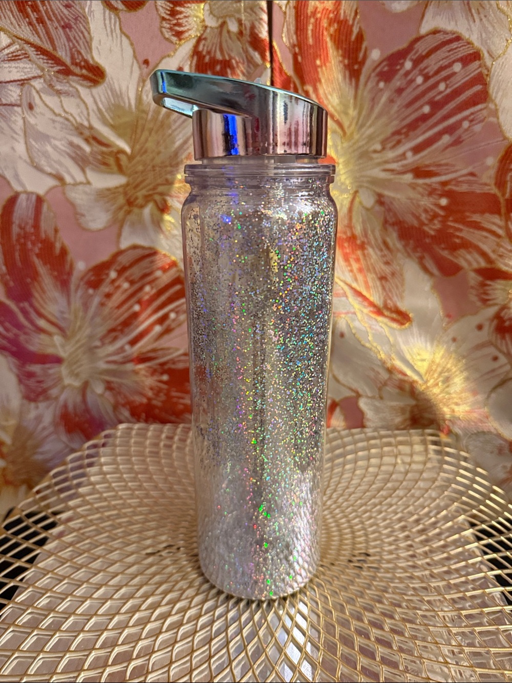 Iridescent Holographic Water Bottle with Silver Pump Top